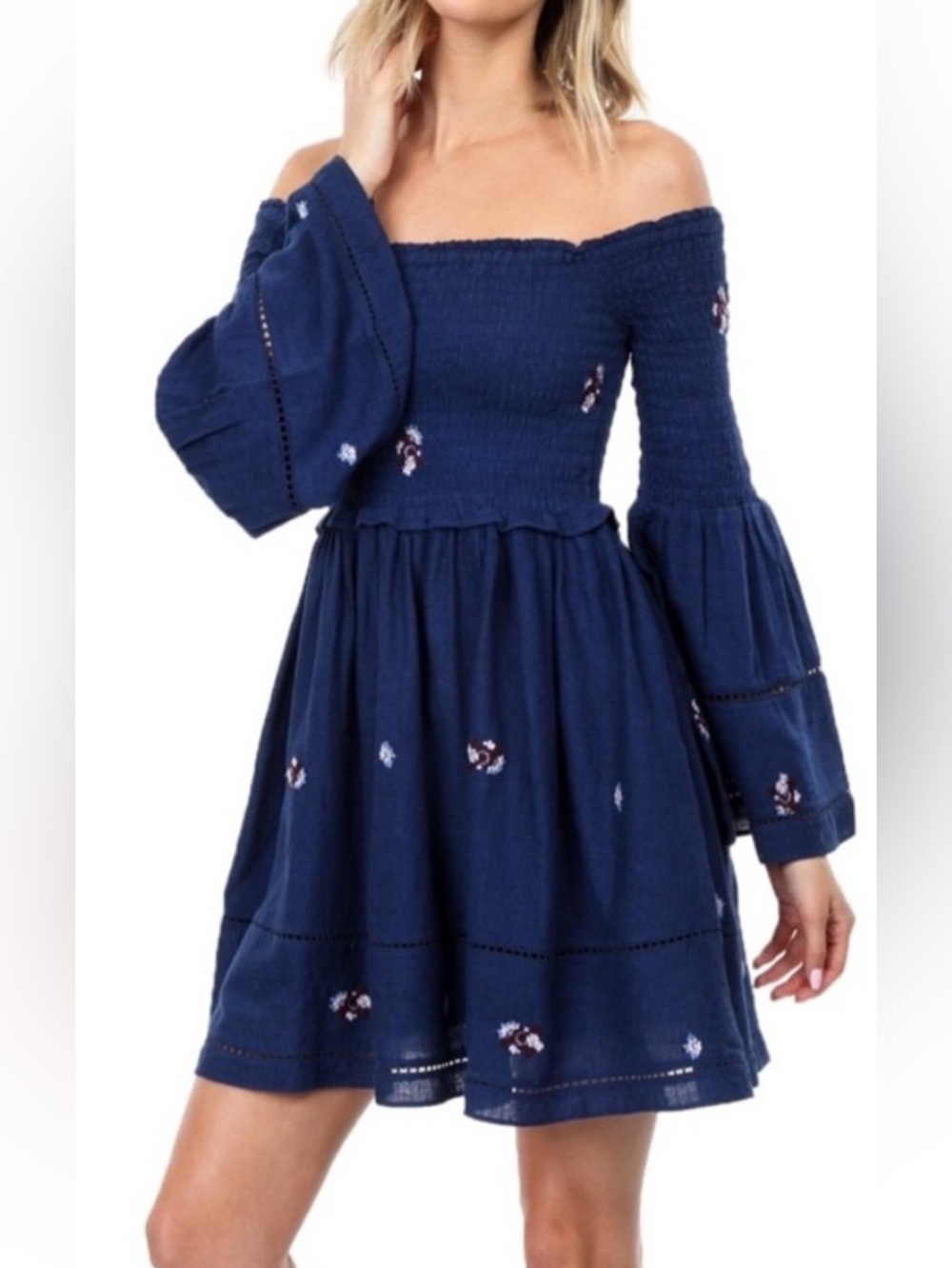 Free People Navy Off-Shoulder Smocked Embroidered Mini Dress Bell Sleeves Size M
